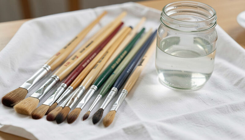 A row of watercolor brushes of different sizes and hairs resting on a white cloth beside a jar.