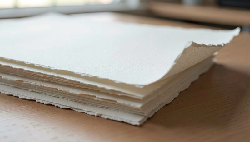 Stacks of cold press and rough watercolor paper with visible grain, a corner lifted to show weight and deckle.