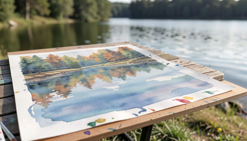 A watercolor of a lake with reflections drying on a board beside the real lake it was painted from.