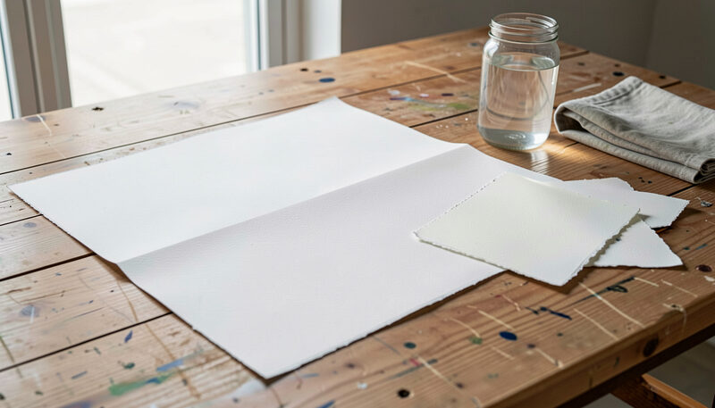 A full sheet of white cold press watercolor paper folded once on a paint-spattered wooden table, smaller half and quarter sheets with deckled edges beside it, a jar of water and a linen cloth in window light.
